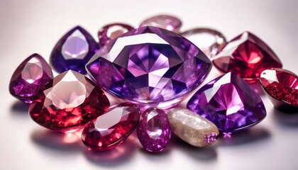 白い背景の上に美しくカットされたアメジストやルビーなどの宝石