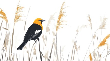 Blackbird perched on reeds, wetland background, nature illustration