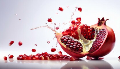  半分にカットされたザクロ、瑞々しい赤い種がこぼれる様子