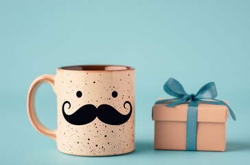 Unique coffee mug with mustache design next to a small gift box on a blue background