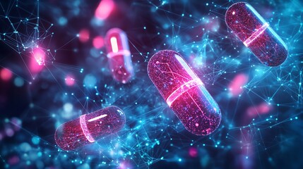 Digital pills and neural network representation, symbolizing pharmaceutical AI and drug discovery, g