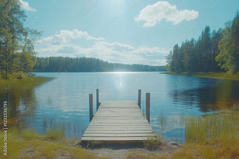 Canvas Prints Tranquil lakeside dock surrounded by lush trees under a bright sky in summer