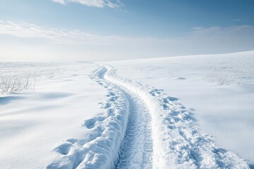 A single path leading through a snow-covered field, inviting a journey into the quiet, white wilderness
