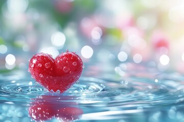 Obraz premium Heart-shaped object floats on water, surrounded by soft bokeh lights and gentle ripples in a serene environment