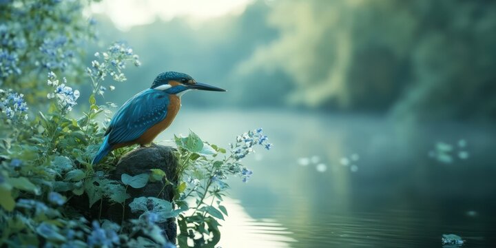 Kingfisher perched on riverbank, morning mist, blue flowers. Nature scene, calming wallpaper