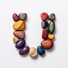 Naklejka premium Colorful Polished Stones Arranged in the Shape of Letter U A Vibrant Alphabet