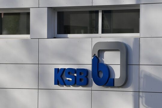 Germany, Frankenthal,  January 31. 2025, sign or lettering of KSB SE & Co. KGaA is a listed manufacturer of pumps and valves for the mining, chemical & petrochemical, building services, water markets