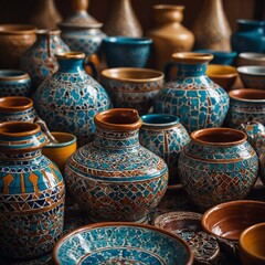 "Traditional Moroccan crockery with intricate, geometric patterns and vibrant colors."