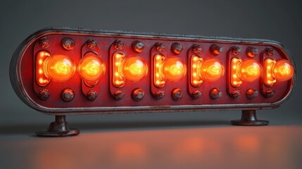 Vintage red marquee sign with glowing yellow bulbs in a trapezoidal shape. Generative AI