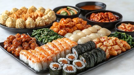 A vibrant sushi platter featuring various types of sushi, fried items, and side dishes