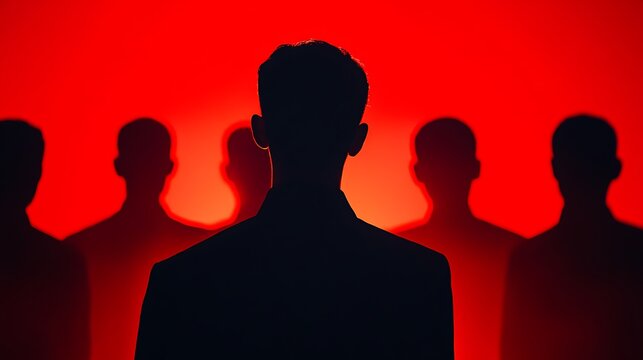 Silhouettes on a bold red background, emphasizing insider threat detection, highlighting a suspect f