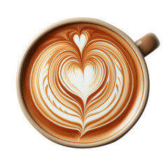 Top view of white cup of art latte coffee with heart shape