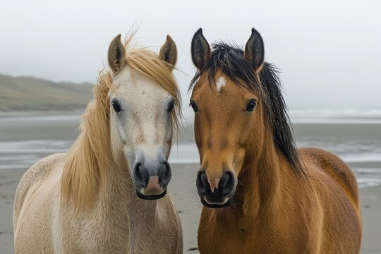 Two horses stand together on a misty beach with waves in the background during early morning light