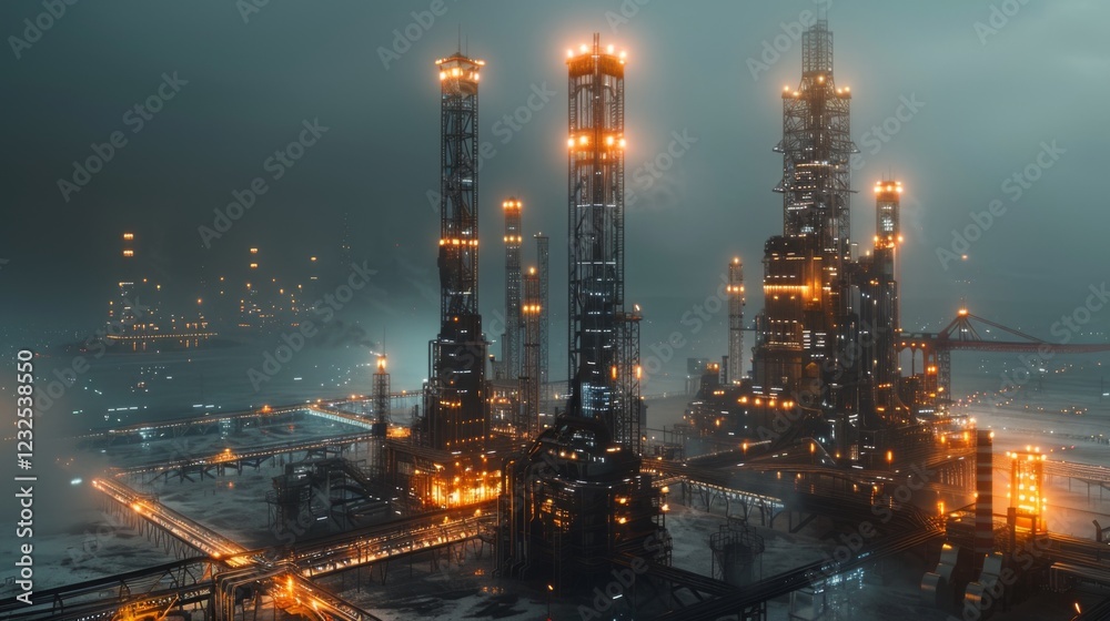 Poster massive industrial complex featuring tall structures illuminated by vibrant lights during nighttime,