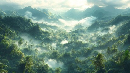 Misty Jungle Landscape with Palm Trees and Mountain View. Generative AI