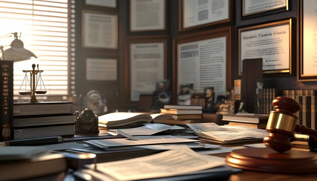 Lawyers Desk Showing Legal Documents And Gavel