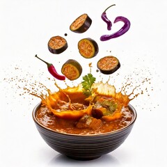 brinjal curry splashing into bowl with brinjal pieces isolated with white background 