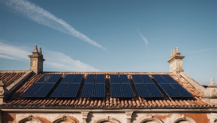 Solar panels on the rooftop of a historic building, merging renewable energy solutions with the charm of heritage architecture.