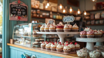 Delicious Cupcakes Displayed at a Cozy Bakery with Vintage Charm