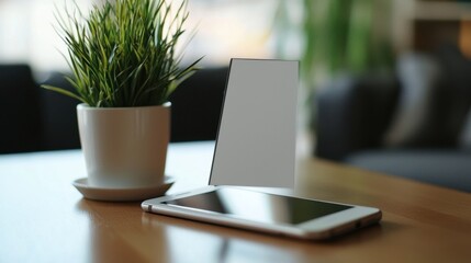 Fototapeta premium Modern Smartphone and Decorative Plant on Wooden Table Surface