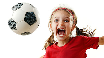 A young girl is playing soccer and is about to kick the ball