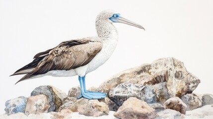 Fototapeta premium Blue-footed booby perched on rocks, coastal habitat, wildlife photography, nature poster