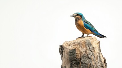 Fototapeta premium Blue-winged bird perched on stump, white background, nature scene, wildlife photography