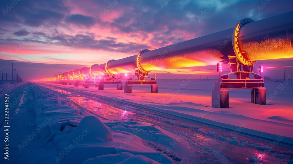 Poster a long pipeline illuminated with pink and orange lights spans a snowy terrain at dusk, creating a st