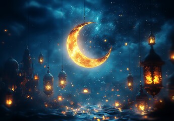 Naklejka premium Floating Lanterns Beneath a Glowing Crescent Moon in a Starry Night Sky
