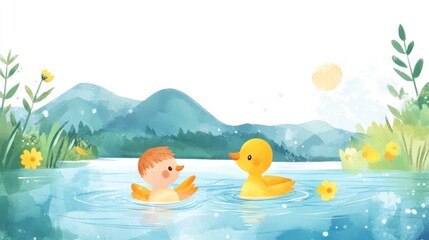 Boy and duckling swim lake, mountains background, summer fun, kids book