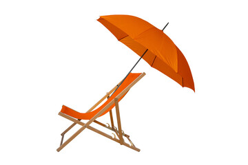 wooden deck chair and orange umbrella isolated on a white background © Svitlana
