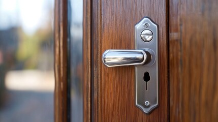 Obraz premium Modern door handle with wooden background and sunlight reflections