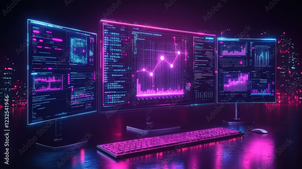 Poster computer monitor with keyboard displaying information on a clear screen in a modern workspace enviro