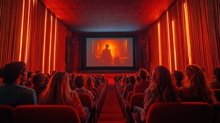 People enjoy a movie screening in a dimly lit theater with vibrant red lighting and a large screen showcasing a film. Generative AI