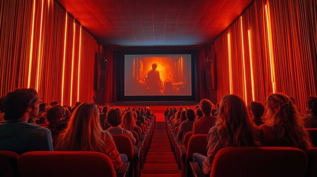 People enjoy a movie screening in a dimly lit theater with vibrant red lighting and a large screen showcasing a film. Generative AI