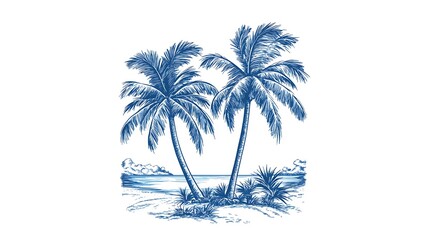 Hand-drawn tropical palm trees by the beach. Possible use for background or design element
