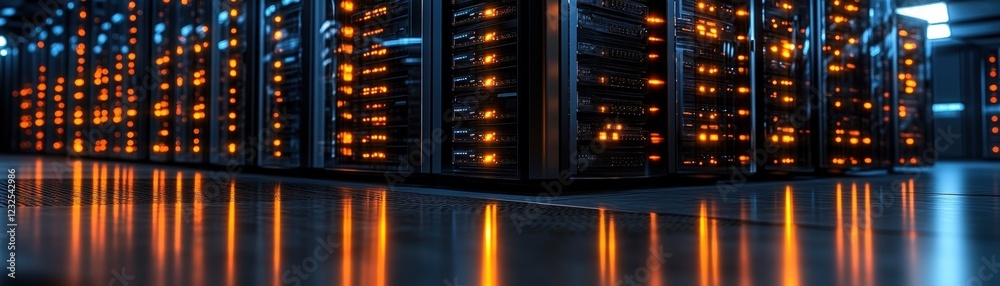 Poster server rack with multiple servers in a modern data center room with cooling systems and cabling