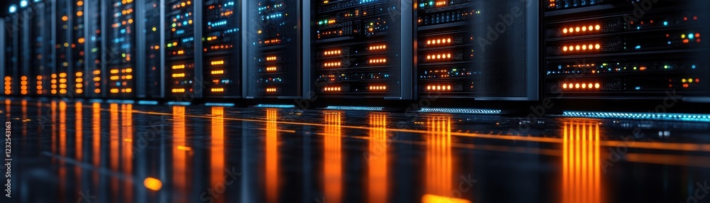 Poster row of servers in a data center with blinking lights and organized cabling for data processing