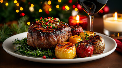  elegant dinner with filet mignon and wine