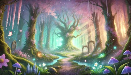 Fototapeta premium Enchanted Spring Forest with Glowing Trees and Mystical Light Beams