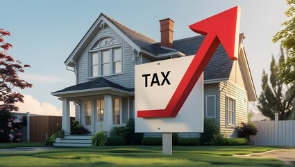 a house with a rising tax sign, concept of property tax rising