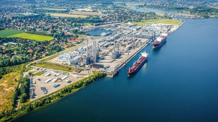 Aerial View of Industrial Port with Cargo Ships and Surrounding Landscape