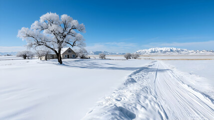 Obraz premium Snowy Farm Road, Winter Landscape, Rural Scene, Calm Background