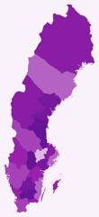 Map of Sweden with regions. Just a simple country border map with region division. Purple color palette. Flat Sweden shape with administrative division. Vector illustration.