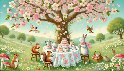 Fototapeta premium Charming Tea Party Under a Blooming Cherry Blossom Tree with Delighted Animals in a Gentle Pastel Storybook Fantasy Setting