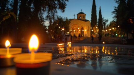 Obraz premium Candles Lit Before a Church at Dusk