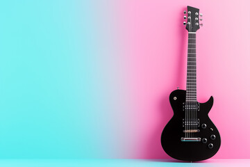 Electric guitar stands prominently against a soft pastel background creating an interesting visual contrast. The calming colors and clean lines evoke artistic inspiration