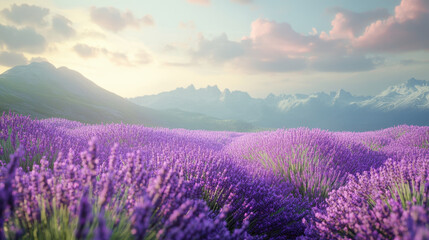 Fototapeta premium Lavender fields with scenic mountain views at sunset