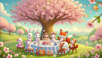 Obraz premium Charming Woodland Creatures Enjoying a Delightful Tea Party Beneath Sakura Blossoms