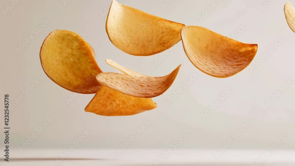 Poster five crispy golden potato chips levitate against a minimalist light brown background, creating a vis